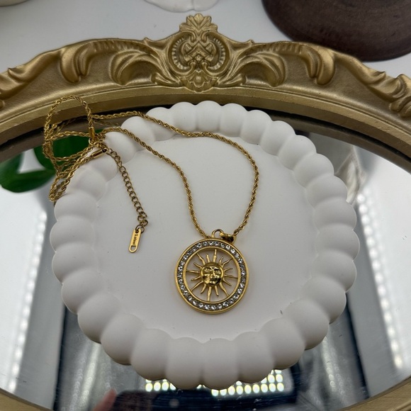 Sun Medallion Pendant Necklace Stainless Steel Gold Plated with Cubic Zirconia - Picture 8 of 10